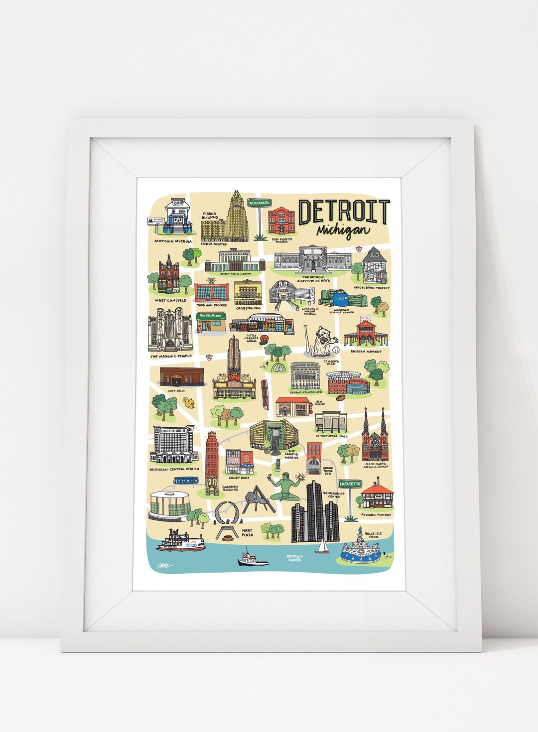 Detroit Map Art Print Downtown Historic Landmarks Illustration 11x17 