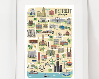 Detroit Map Art Print: Downtown Historic Landmarks Illustration (11x17)