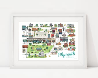 Plymouth Michigan Map Art Print: Historic Landmarks Illustration (11x17)
