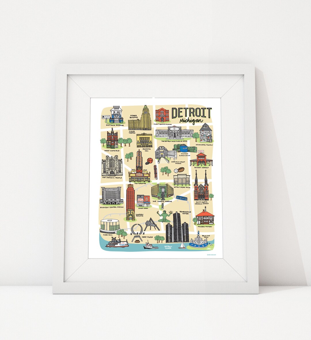 Detroit Map Art Print Downtown Landmarks Illustration 8x10 Etsy