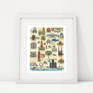 Detroit Map Illustration, Detroit Art Prints, Wall Art 8x10, Detroit Landmarks, Visit Detroit, Detroit Architechure, Michigan Art, MotorCity