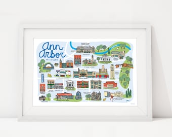 Ann Arbor Michigan Art Print: Downtown Historic Landmarks Illustration (11x17)