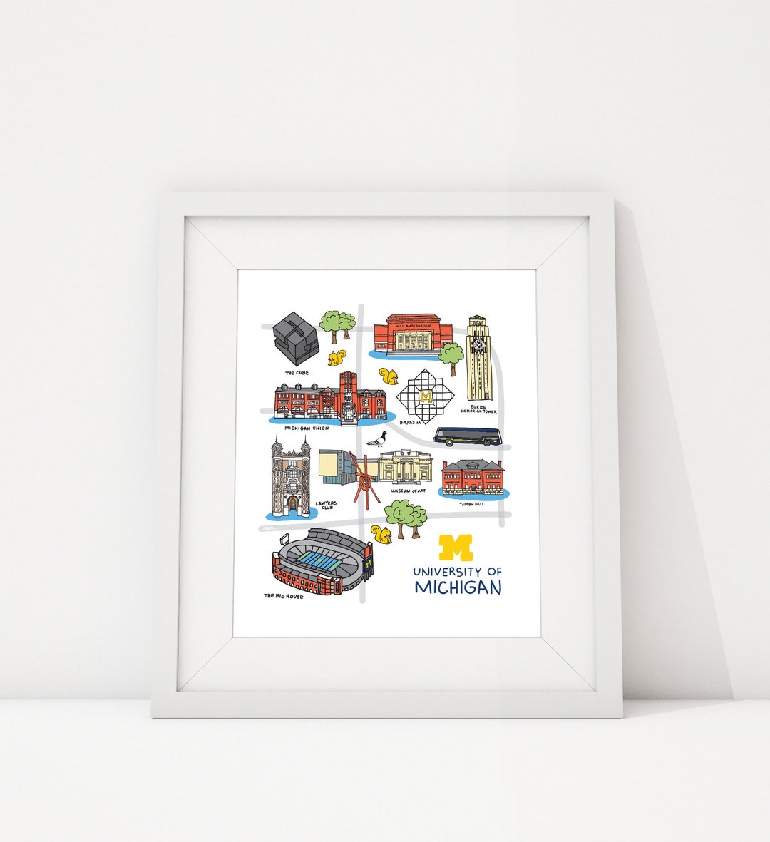 University of Michigan, Print, Campus Map 8x10, UM Landmarks, Go Blue ...
