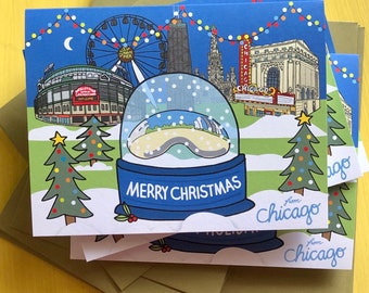 Chicago Merry Christmas Card, 4.25 x 5.5 - A2, The Bean snow globe , Downtown Chicago, illustrated holiday card