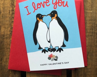 I love you Valentine's Day Card, Penguins 4.25 x 5.5, King Penguins, Greeting Cards, I love you card, Whimsical Penguins, penguins forever
