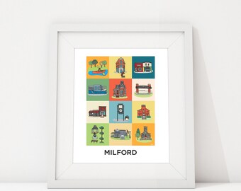 Milford Michigan Art Print: Historic Downtown Landmarks Illustration (8x10)