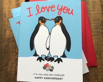 I love you Anniversary Card, Penguins 4.25 x 5.5, King Penguins, Greeting Cards, I love you card, Whimsical Penguins, penguins forever