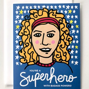 Girl Power, Superhero - Illustrated Girls Greeting Card, 4.25 x 5.5 - A2, Colorful Girl, Curly Hair Card, Possitive & Empowering Girls