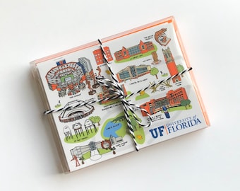 8 Pack, University of Florida Notecards. 4.25 x 5.5 -Cards, UF Gainesville Buildings, Map, Greeting Cards, Pack of Notecards, Grad Gifts