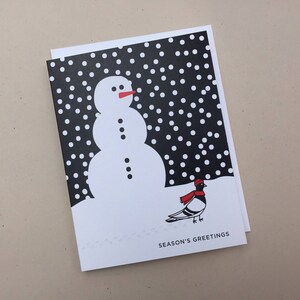 Season&#39;s Greetings Card, Pigeon and Snowman 4.25 x 5.5 - A2, snowman, winter season, holiday cards, snowfall, illustrated snowman