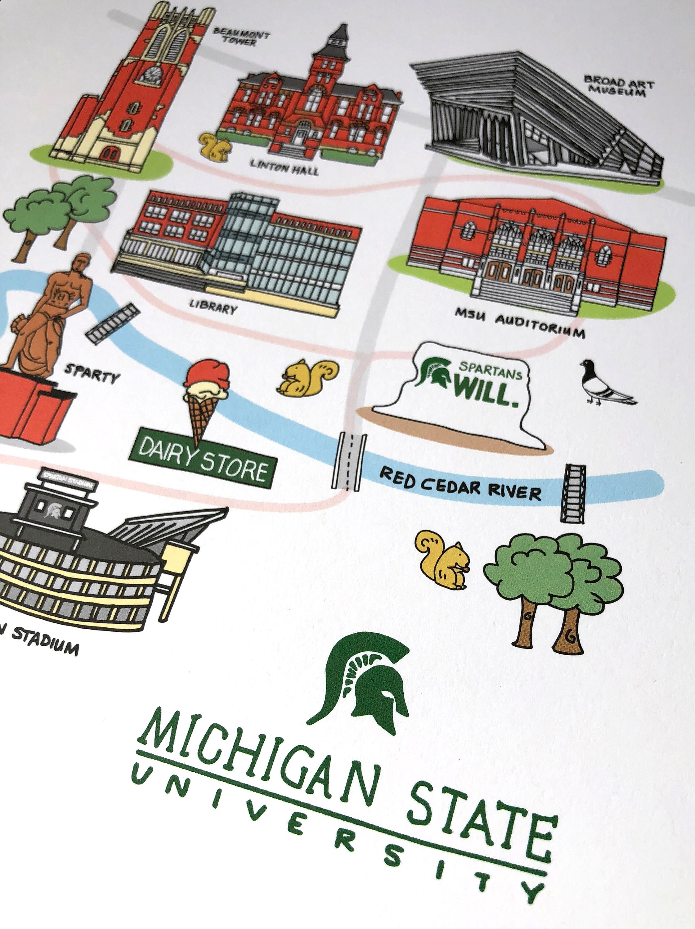 Michigan State University Print MSU Map 8x10 MSU Landmarks | Etsy