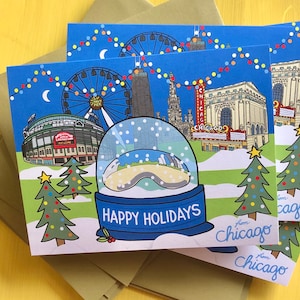 Chicago Happy Holiday Card, 4.25 x 5.5 - A2, The Bean snow globe , Downtown Chicago , illustrated holiday card