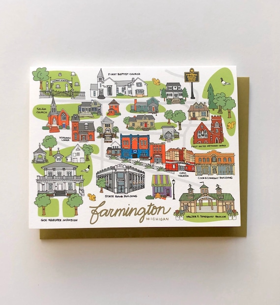 Downtown Farmington MI Notecards: Historic Buildings Illustration 4.25x5.5