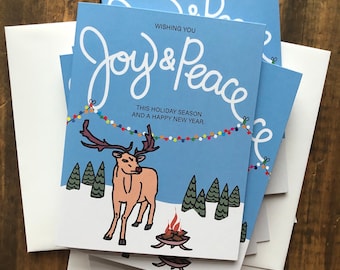 Reindeer Joy & Peace Holiday and New Year Card, 4.25 x 5.5 - A2, Beautiful winter season, illustrated Holiday Card