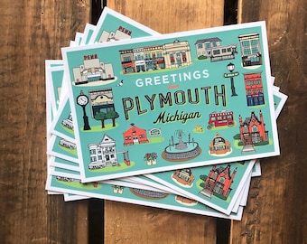 Plymouth MI, 4x6 Postcard, city neighborhood, Plymouth landmarks, snail mail, Greetings from Plymouth MI, Michigan Postcards, Postcrossing