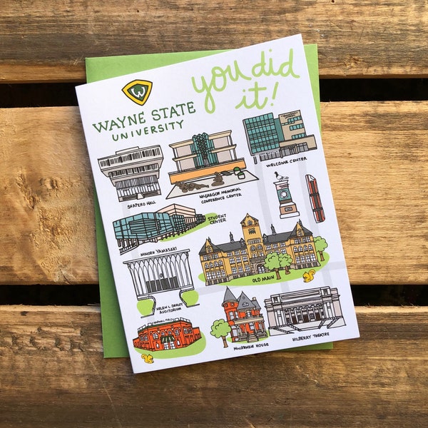 Wayne State University You did it! Greeting card 4.25 x 5.5, Campus Map, Cards, Wayne State Campus Buildings, Greeting Card, WSU Grad Gifts