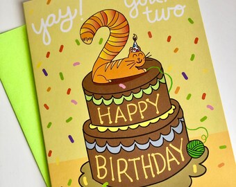 Second Birthday Card 4.25 x 5.5, cat candle, kid’s birthday, Greeting Cards, cat with party hat
