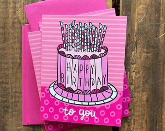 Whimsical Happy Birthday Cake Card: Pink Candles, A2 Envelope