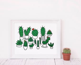 5 x 7 Letterpress Cactus Garden, gardening gifts, house warming gift, cactus plants, wall art, house plants, hostess gift, wall art, drawing