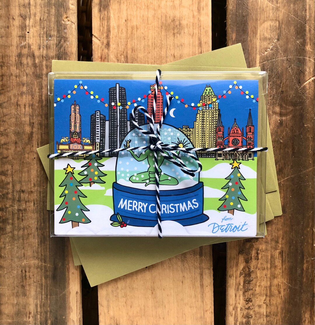 Set of 8 Detroit Merry Christmas Cards, Spirit of Detroit Snow Globe