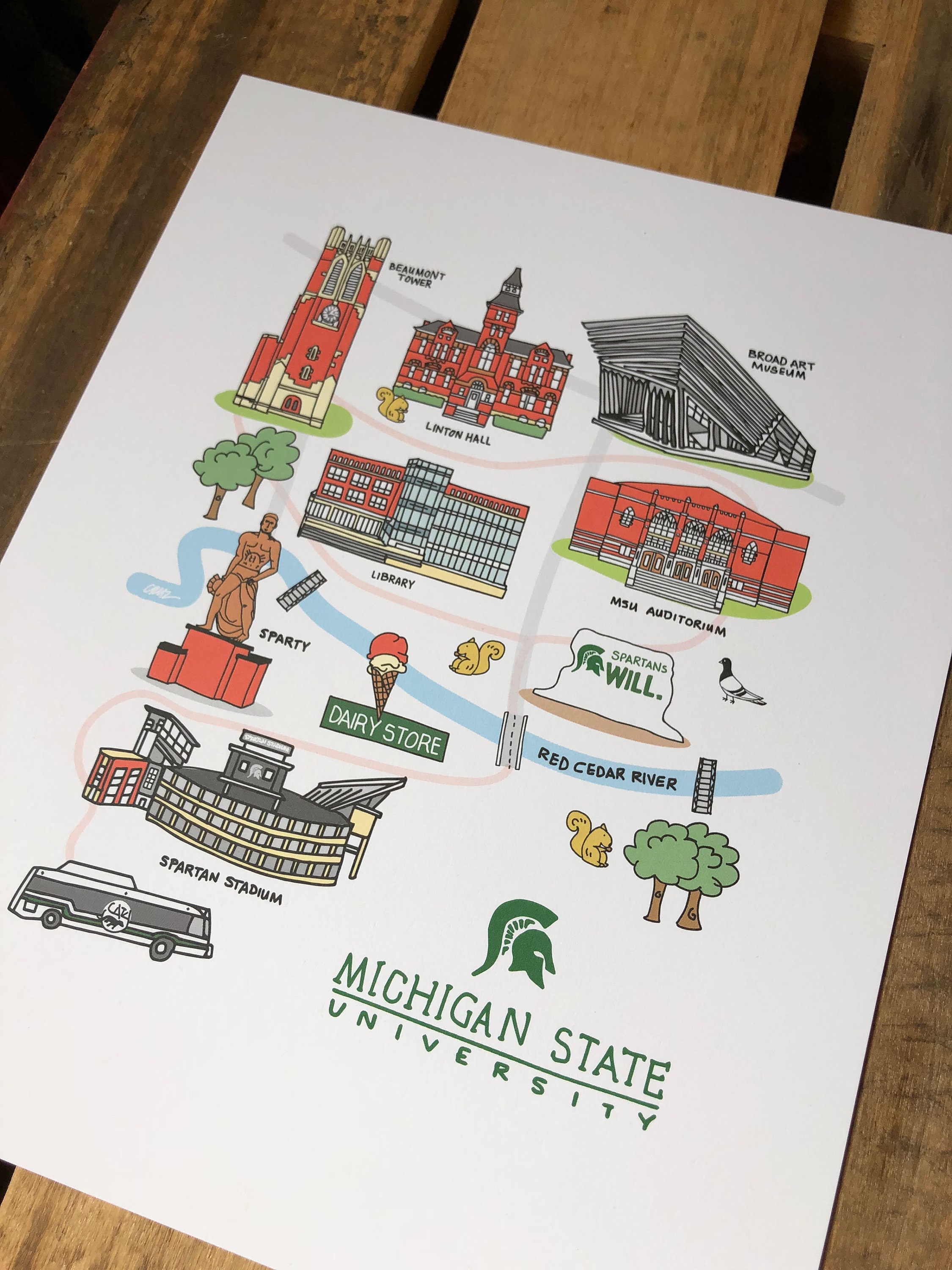 Michigan State University Print MSU Map 8x10 MSU Landmarks - Etsy