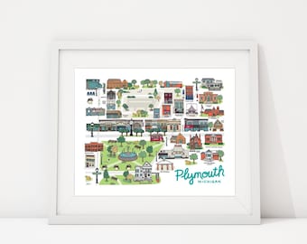 Plymouth Map Illustration, Plymouth Art Prints, Wall Art 8x10, Historic Landmarks, Visit Michigan, Architecture, Michigan Art
