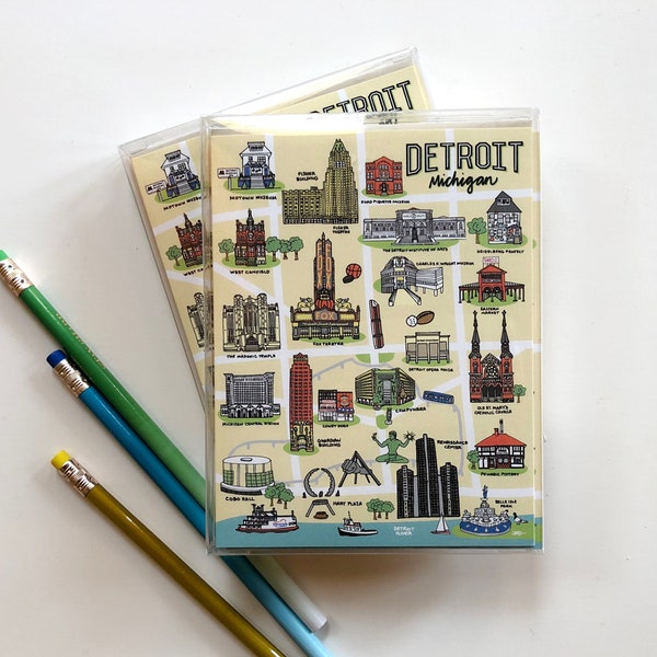 Detroit Notecards, 4.25 x 5.5 - A2-8 set, Detroit Map gifts, Michigan Card, Downtown Detroit Buildings, Detroit Weddings Thank You Cards,