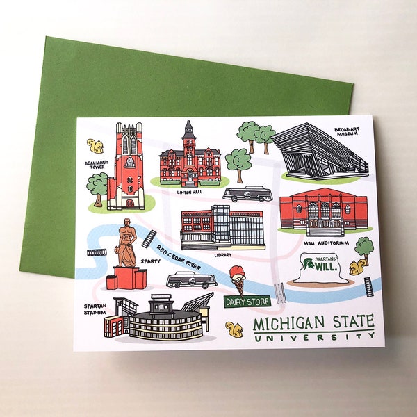 Michigan State University Notecards 4.25 x 5.5 l Campus Map l College grad Cards l MSU Campus Buildings l university Map Notecards