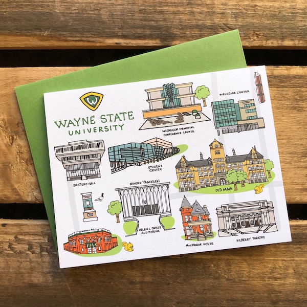 Wayne State University Notecards 4.25 x 5.5 - A2, Campus Map, Cards, WSU Detroit Campus Buildings, Greeting Cards., Map Cards, WSU Detroit