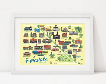 Ferndale Michigan Map Print: Illustrated Downtown Landmarks (11x17)