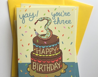 Third Birthday Card 4.25 x 5.5, snake candle, kid’s birthday, Greeting Cards, snake with party hat