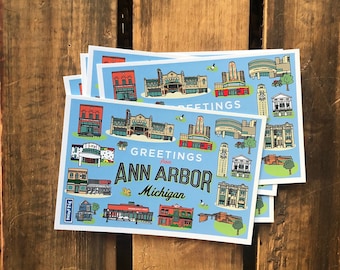 Ann Arbor, 4x6 Postcard, city neighborhood, Ann Arbor landmarks, U of M, Places to visit in Ann Arbor, Greetings from Ann Arbor Postcard