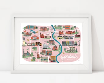 Ypsilanti Michigan Map Art Print: Historic Landmarks Illustration (11 x 17)