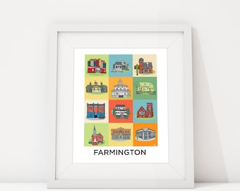 Farmington Colorful Illustration, City Art Prints, Michigan Wall Art 8x10, Historic Farmington Landmarks, Visit Michigan, Michigan Art