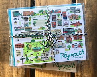 Plymouth, MI, 8-Pack notecards. 4.25 x 5.5 - A2, Community Landmarks, Greeting Cards, Pack of Notecards, Thank You Card, Plymouth MI Gift