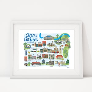 Ann Arbor Map Illustration, Ann Arbor Art Prints, Wall Art 8x10, Historic Landmarks, Visit Michigan, Architechure, Michigan Art