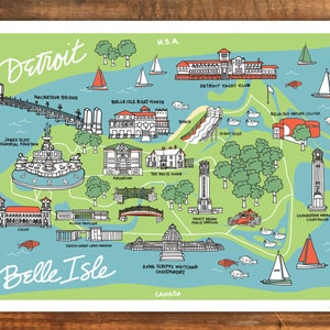 Belle Isle Park, Detroit Illustration - BelleIsle Art Print, Detroit Map 12x16, Detroit Landmarks, Visit Detroit, Detroit Park, Michigan Art