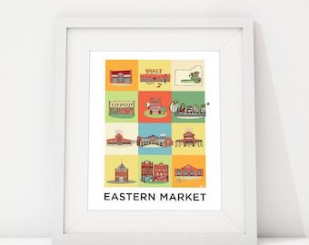 Eastern Market Detroit Colorful Squares, Detroit Art Print, Wall Art 8x10, Detroit Illustration, Michigan Art, Oldest US market, Market Shed