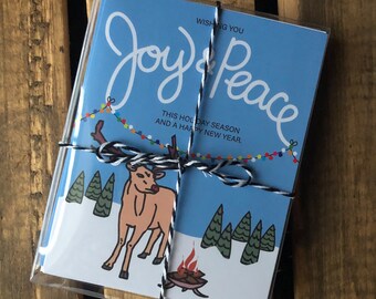 8-Pack Reindeer Joy & Peace Holiday and New Year Card, 4.25 x 5.5 - A2, Beautiful winter season, illustrated Holiday Card