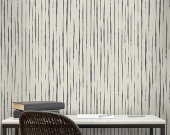 Modern Organic Painted Stripe, Blue Beige and Navy, Pre-Pasted Wallpaper Easy Installation and Removal, Luxury Wall Decor