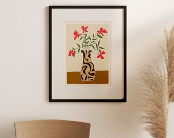 Modern Abstract Wall Art Printable Digital Download Red Coral Flowers in Beige & Black Vase Art Illustration Wall Decor Mid Century Print