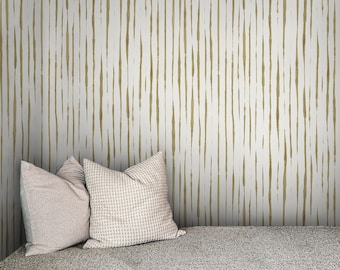 Modern Organic Painted Stripe, Bronze Olive and Cream Pre-Pasted Wallpaper Easy Installation and Removal, Luxury Wall Decor