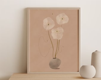 Arte de pared abstracto moderno imprimible descarga digital flores blancas y rosas en jarrón arte ilustración decoración de pared diseño boho