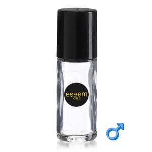 Puede incluir: Un frasco de aceite esencial de vidrio transparente con tapa negra. El frasco tiene una etiqueta circular negra con las palabras "essem oils" en letras doradas. Un símbolo masculino azul está al lado del frasco.