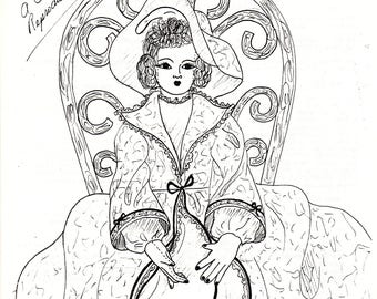 Puede incluir: Un dibujo en blanco y negro de una muñeca de tela de reproducción de 76 cm que lleva un sombrero y está sentada en una silla. La muñeca lleva un vestido largo con un lazo en la cintura. El texto "30" Bed Doll" Circa 1920." está escrito encima de la muñeca.