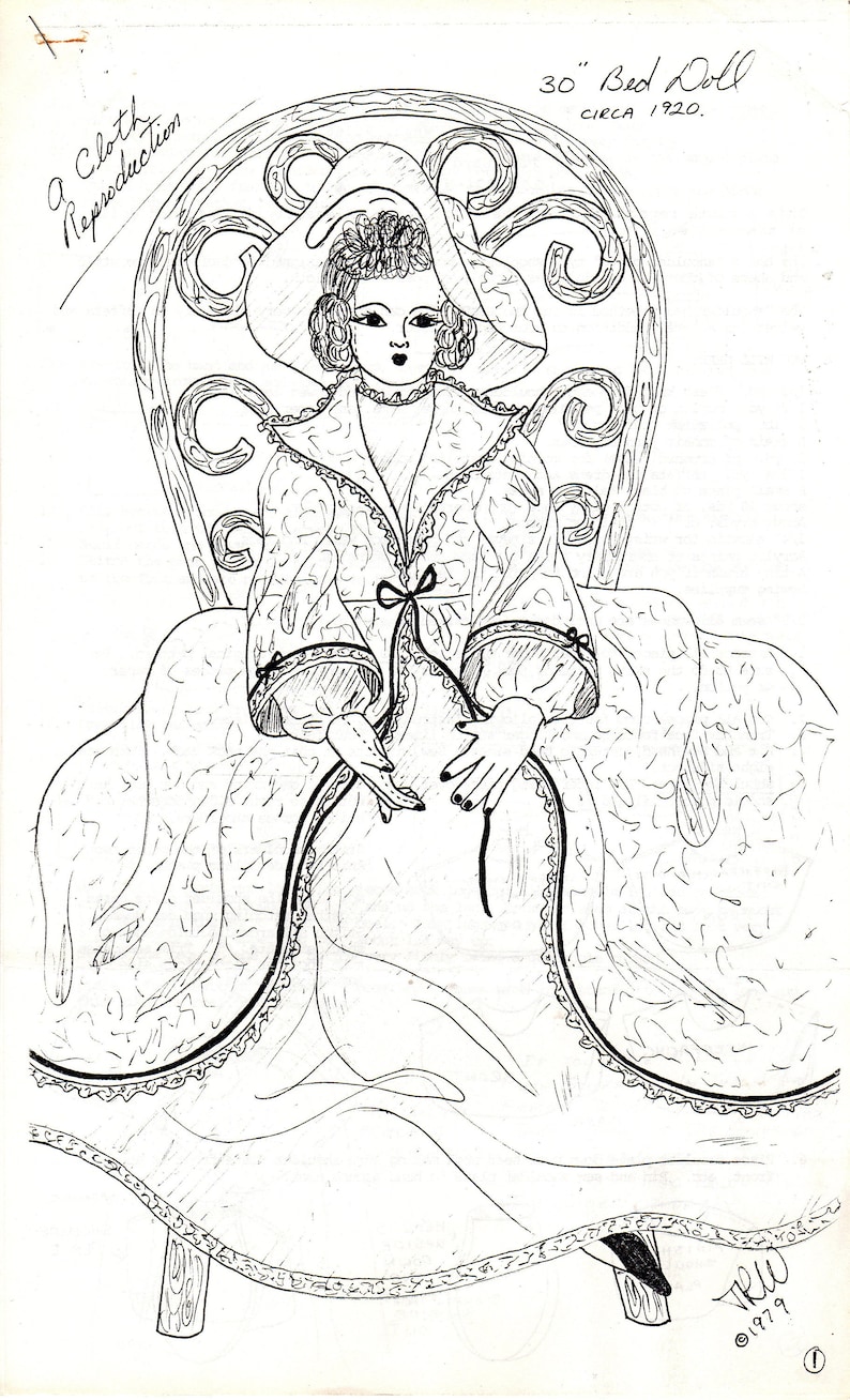 May include: A black and white line drawing of a 30-inch cloth reproduction doll wearing a hat and sitting in a chair. The doll is wearing a long dress with a bow at the waist. The text "30" Bed Doll" Circa 1920." is written above the doll.