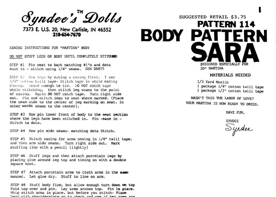 Syndees INSTANT DOWNLOAD Doll Body Pattern 114 for Sara 20" or Martina Syndees INSTANT DOWNLOAD Doll Body Pattern 114 for Sara 20" or Martina