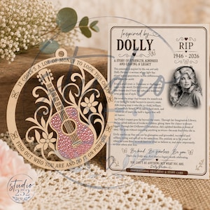 May include: A circular wooden ornament featuring a guitar cutout filled with pink rhinestones, surrounded by floral motifs and the text "IT COSTS A LOT OF MONEY TO LOOK THIS CHEAP FIND OUT WHO YOU ARE AND DO IT ON PURPOSE" alongside a story card.