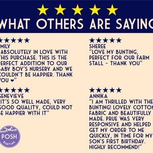 May include: A navy blue graphic with the text "WHAT OTHERS ARE SAYING" and customer reviews. The reviews include star ratings and quotes about the product's quality and satisfaction. A logo for "POSH BUNTING" is at the bottom.