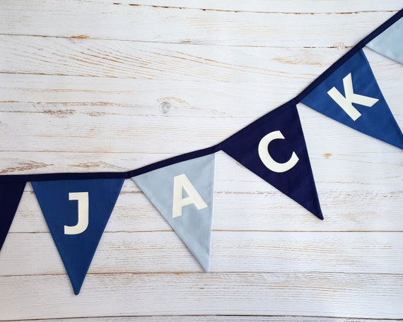 Custom name banner boy. Blue fabric bunting banner for boy's bedroom, nursery or party. Personalised gift for kids & 1st birthday decoration